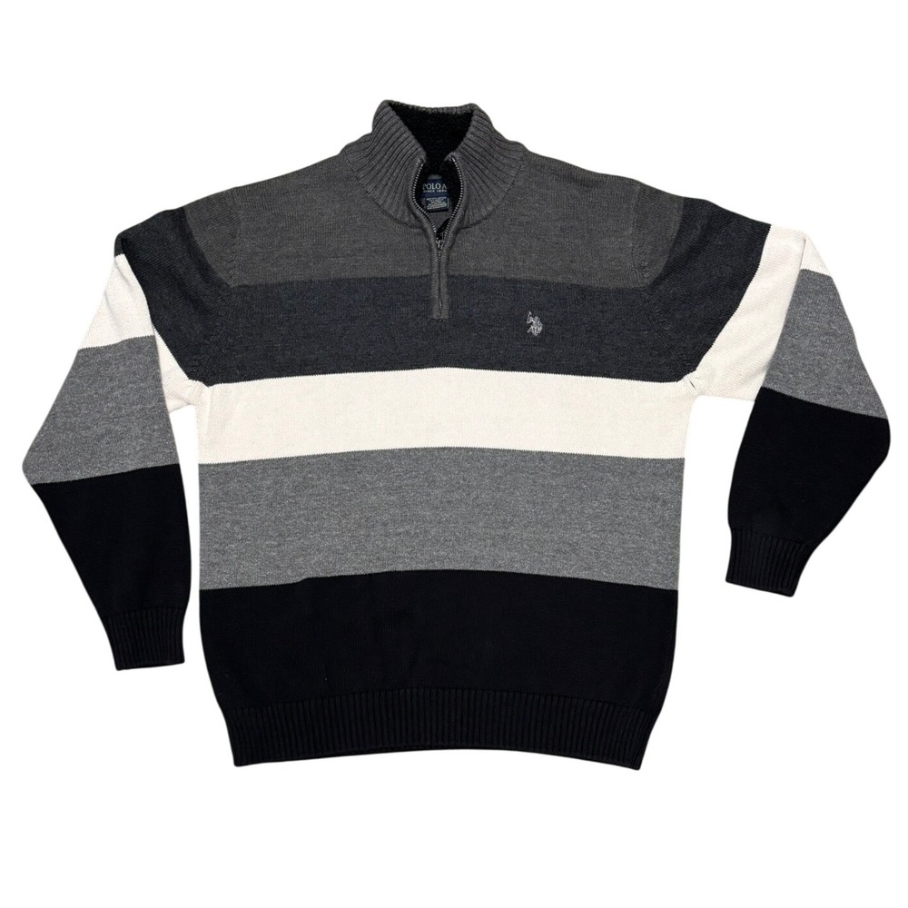 U.S. Polo Assn Mens Large Quarter Zip Color Block Knit Sweater Gray‎ Black White